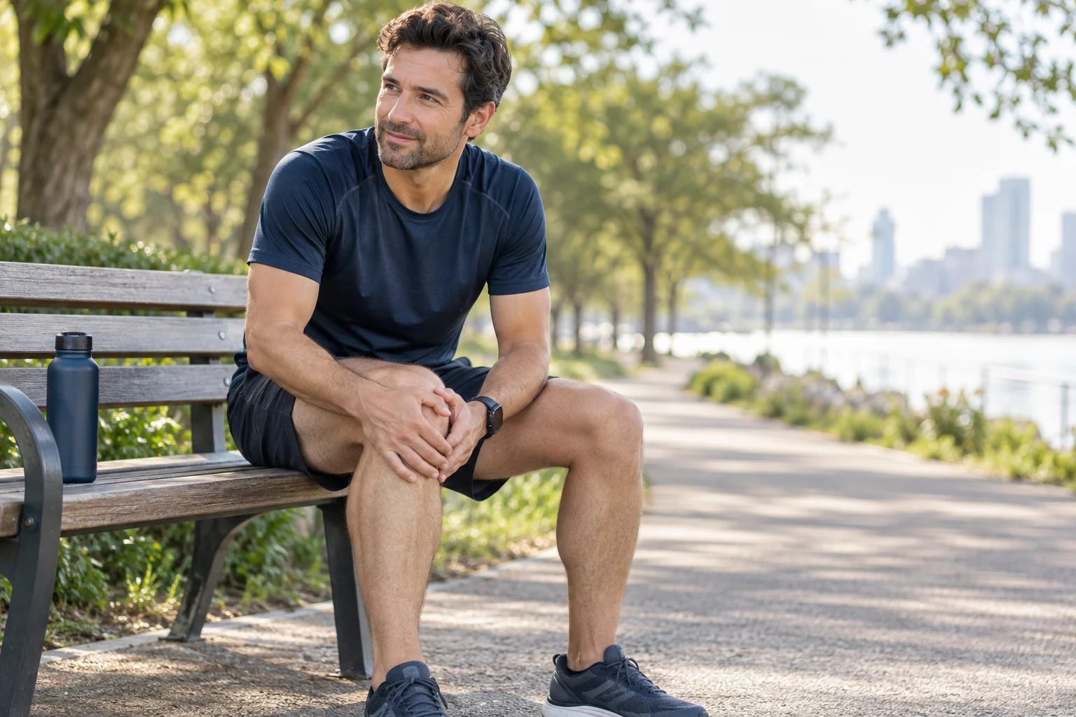 AI-generated illustrative recreational runner seated outdoors.